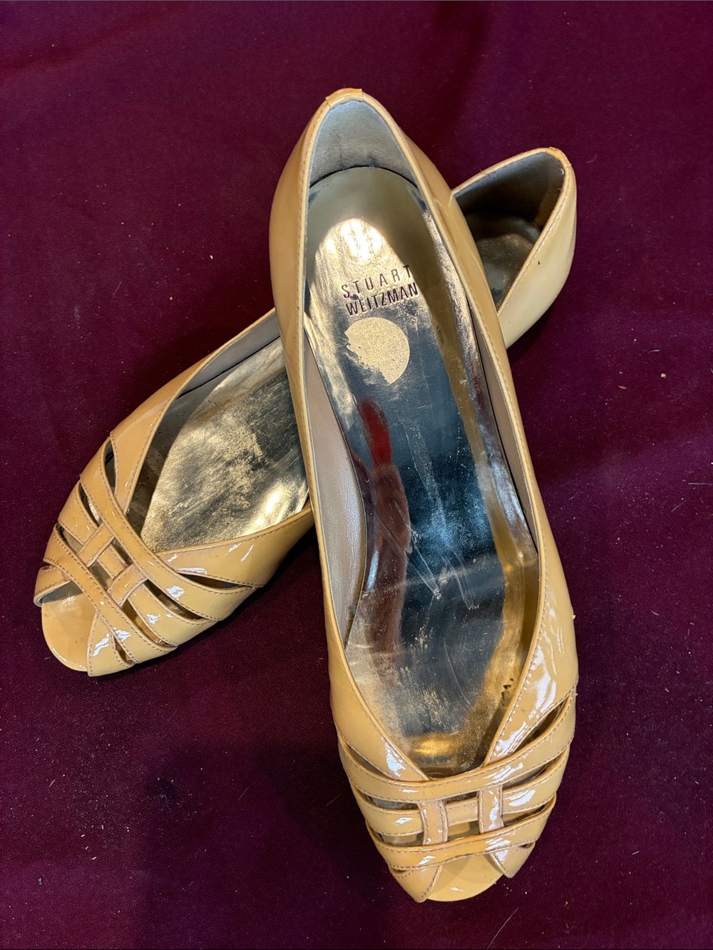 Stuart Weitzman Tan Patent Peep-Toe Heels